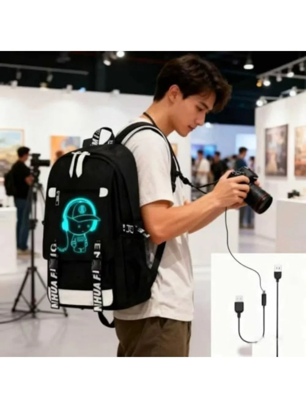 Anime Print School Backpack for Boys & Teens - Large Reflective Daypack with USB